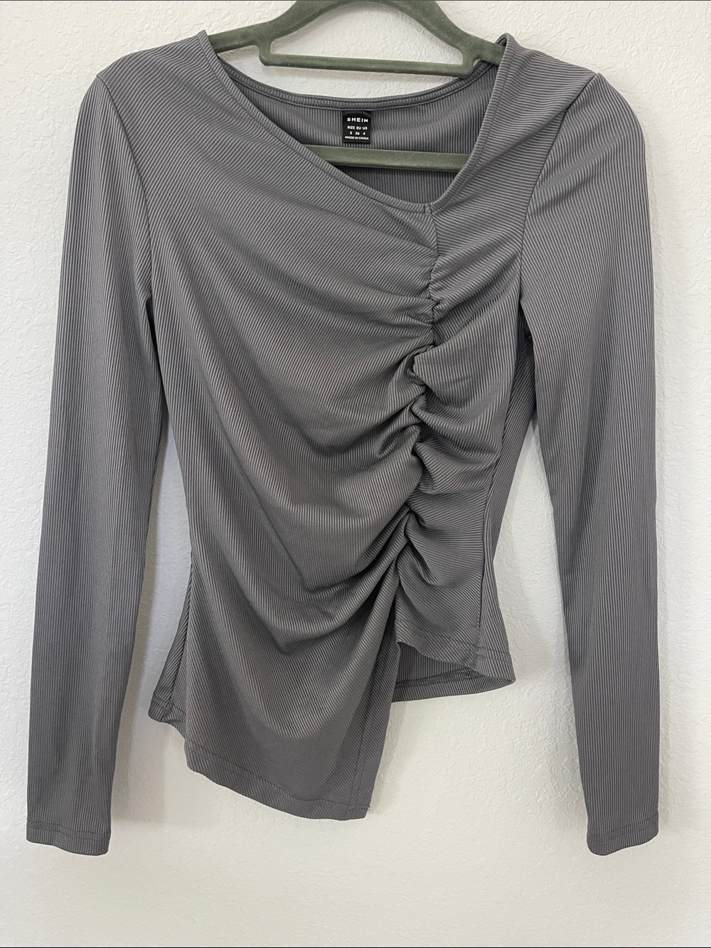 SHEIN Gray Ribbed Ruched Asymmetrical Long Sleeve Top Size Small